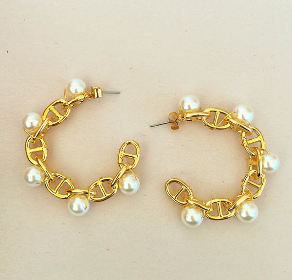 Large statement faux pearl hoop pierced style earrings