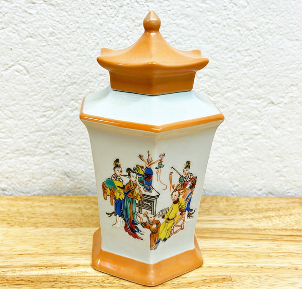 Vintage stamped Mottahedeh Vista Alegre Portugal stamped decorative pagoda vase / box with lid.