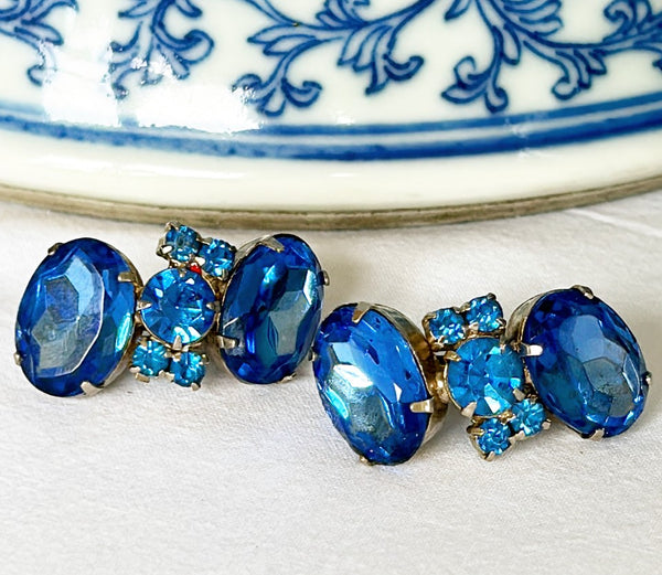 Pair of vintage 1980s blue rhinestone style clip on earrings