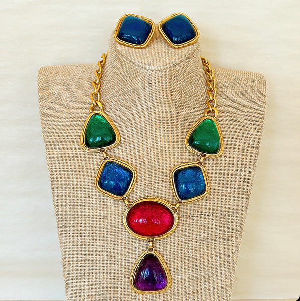1970s signed KENNETH LANE multi colored Gripoix style statement necklace