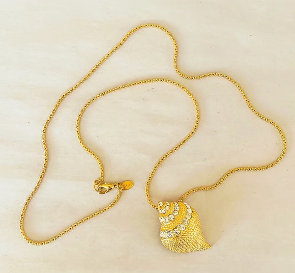 Kenneth Jay Lane (KJL) gold shell pendant / brooch necklace.