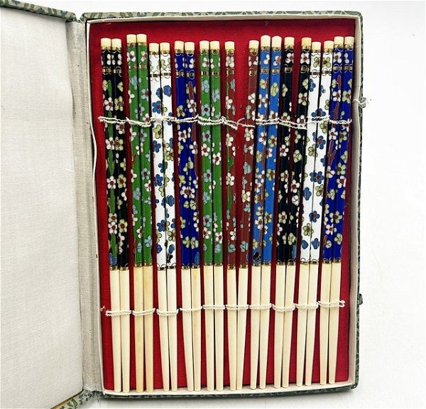 Vintage Set Of 10 Pairs Of Chinese Floral Pattern Cloisonne & Faux Bone Style Chop Sticks