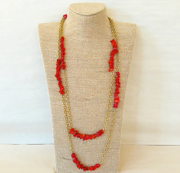 90s signed Kenneth Lane coral necklace with gold tone metal finish chain.