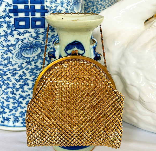 Vintage 1970s WHITING &DAVIS gold mesh evening, bag, purse with metal handle and fittings.