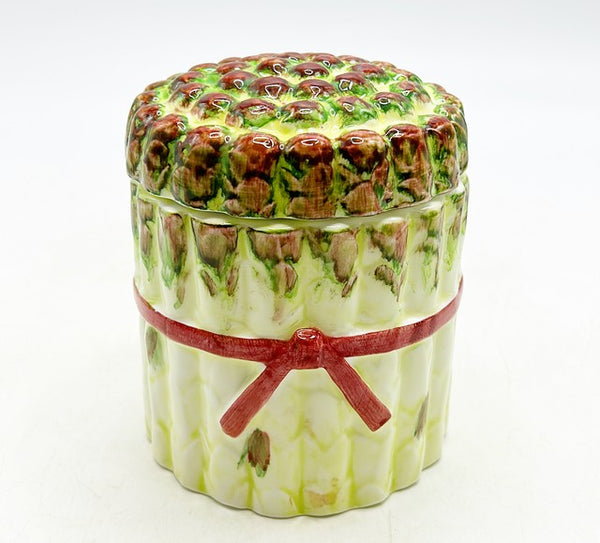 Adorable vintage 80s asparagus style canister with fitted lid.