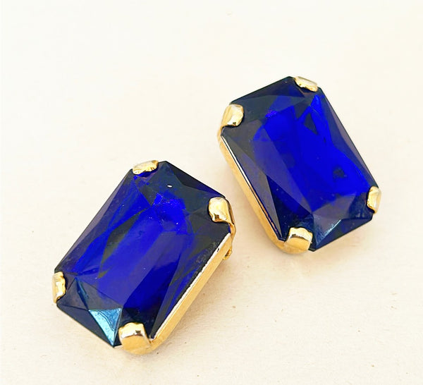 1980’s large clip on emerald cut blue rhinestone sapphire look earrings