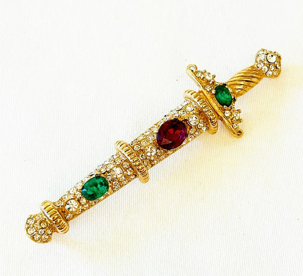 Rare vintage signed KJL KENNETH JAY LANE sword brooch with colored & white rhinestone accents
