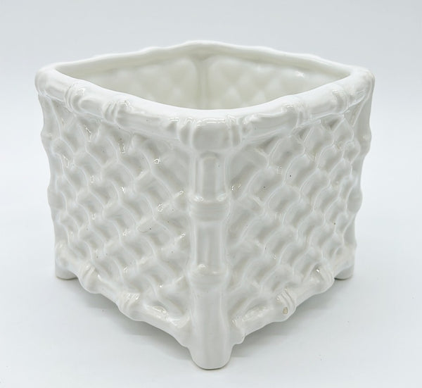 Classic mid-century modern made Italy stamped square white faux bamboo style planter with trellis design.