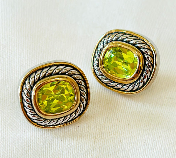 Beautiful 90s vintage silver pierced style designer earrings with center faux citron colored stone