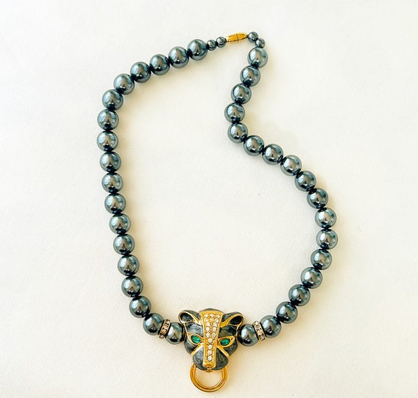 Rare signed K. J. L. Kenneth Lane for Avon charcoal pearl leopard necklace.