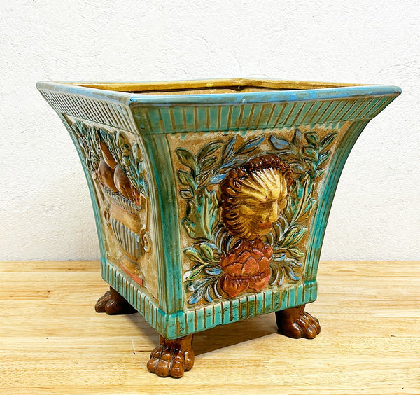 Extra large vintage majolica style square planter with side lion head details.