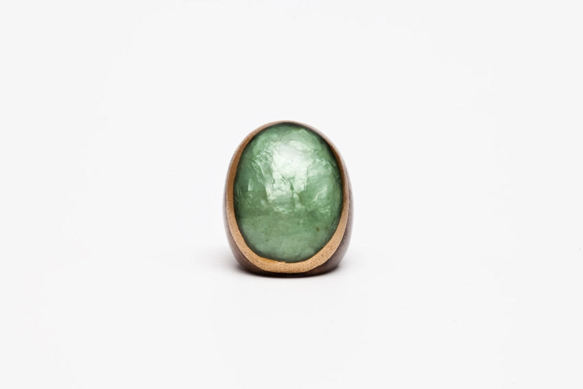 Oval Wood Ring with Green Embellishment - Size 7