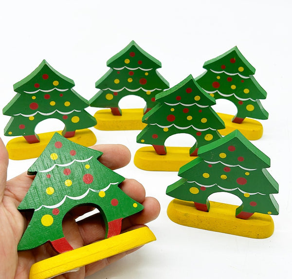 Vintage 1980s hand painted wooden Christmas tree decorative napkin rings.