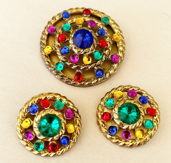 Rare vintage 80s cabochon multi colored stone clip on earrings