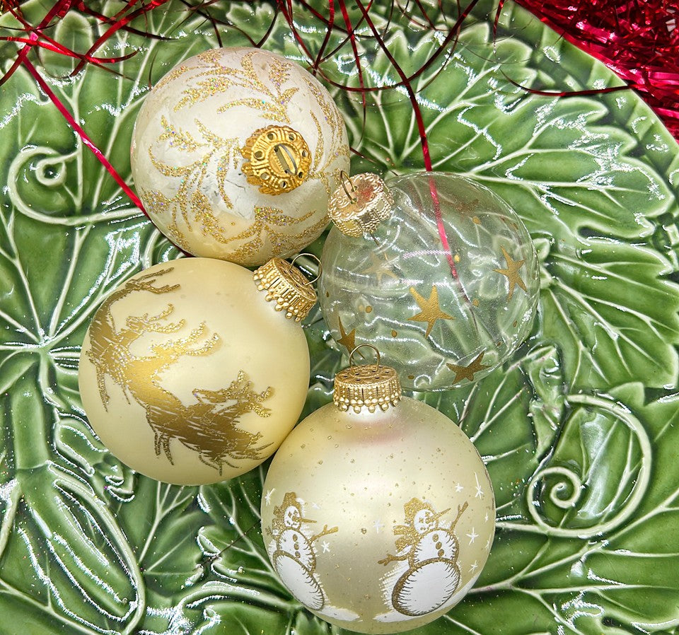 Vintage 80s set of four ham blown glass, Christmas tree ornaments
