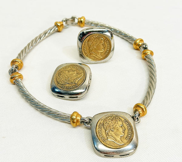 1980s designer style Napoleon coin earring & necklace set.