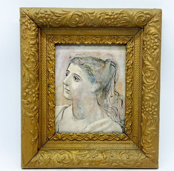 Antique Victorian frame plaster over wood style with newer sketch style print portrait from the 60s.
