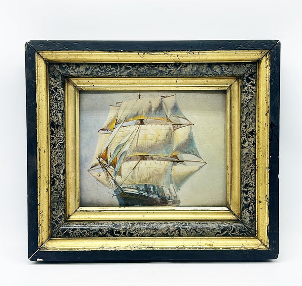 Antique wooden carved & painted Victorian eta frame with a ships print