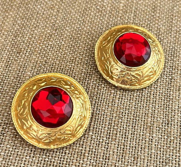Classic clip on large round dome shaped vintage designer style earrings with extra large red rhinestones