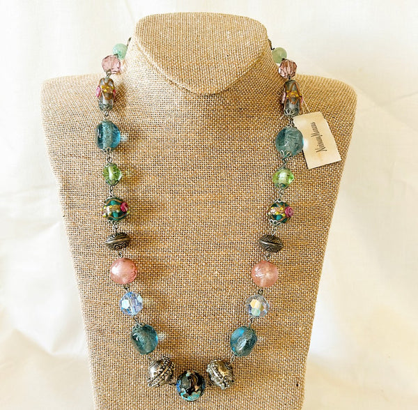 Beautiful rare beaded cloisonné beaded necklace mixed with silver, lavender, glass green & blue stone / crystal mix.