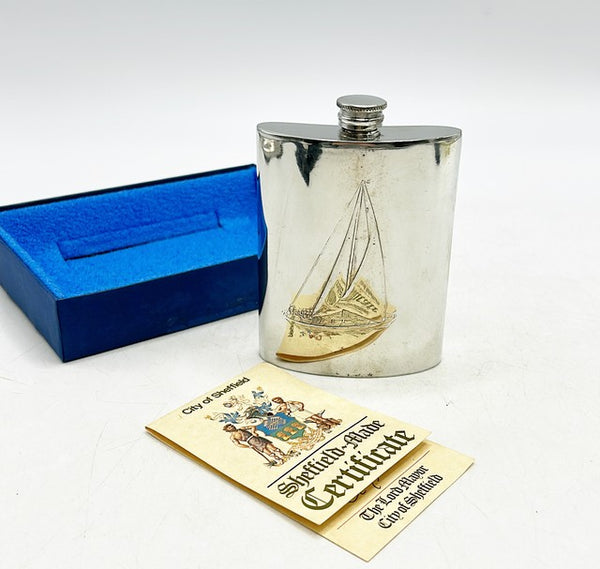 Vintage stamped English pewter Sheffield sailboat embossed flask.