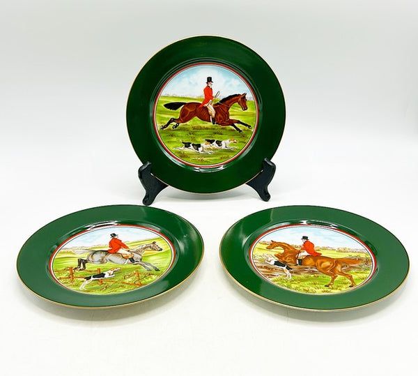 Set of three vintage fox hunt style English men on horses with top hats & red jackets.