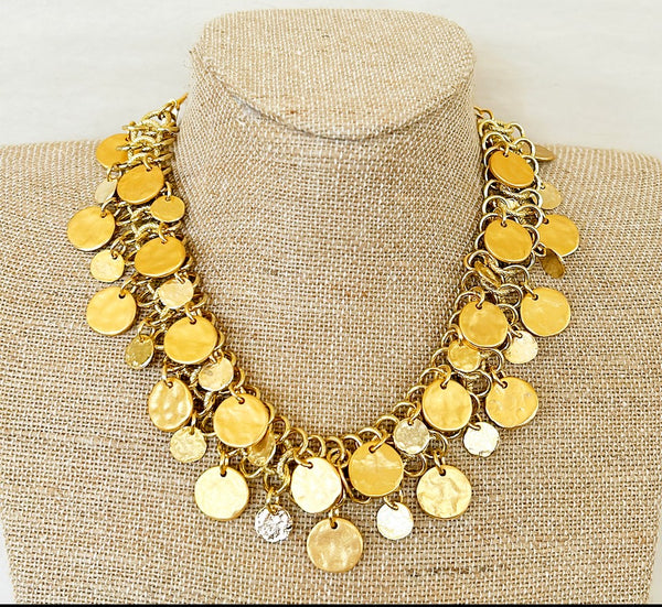 80s signed Kenneth Lane brushed gold metal tone finish coin cluster necklace