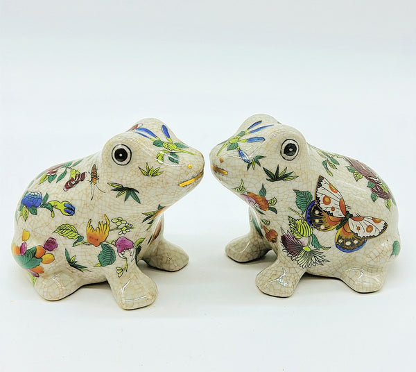 Pair of adorable vintage frogs with a glazed painted crackle style porcelain finish