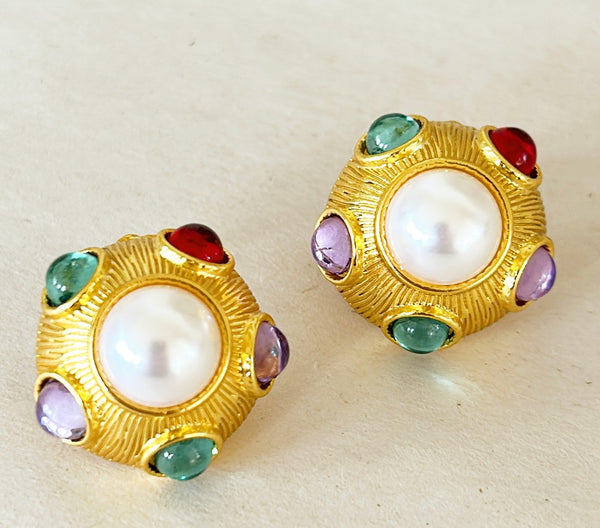 Classic pierced round faux pearl earrings with multicolored poured style cabachon stones in multi colors.