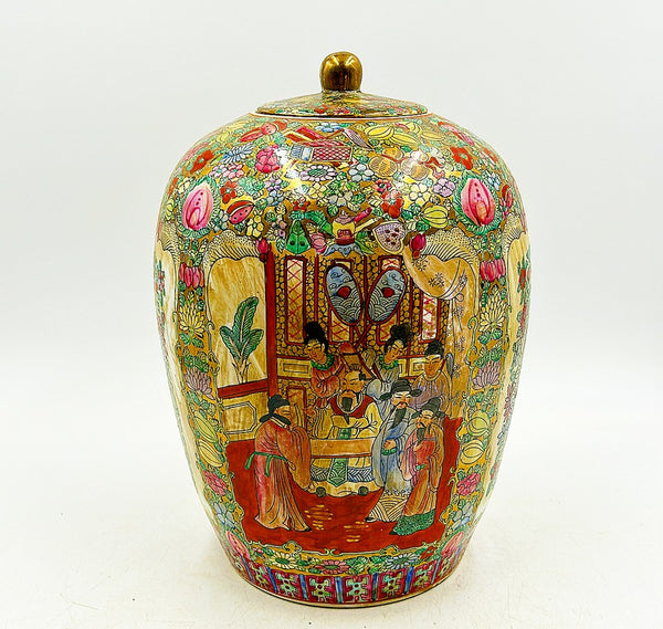 Large scale vintage 80s rose medallion ginger jar with lid.