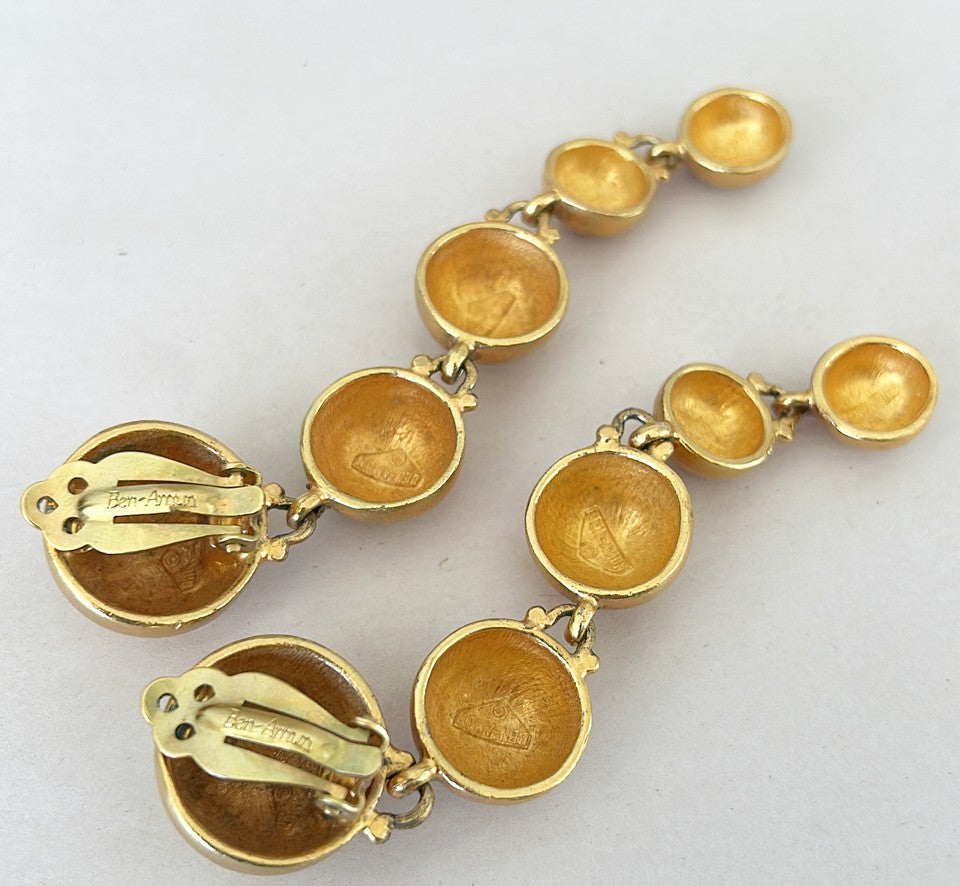 80s signed Ben Amun statement size gold ball dangling clip on earrings.