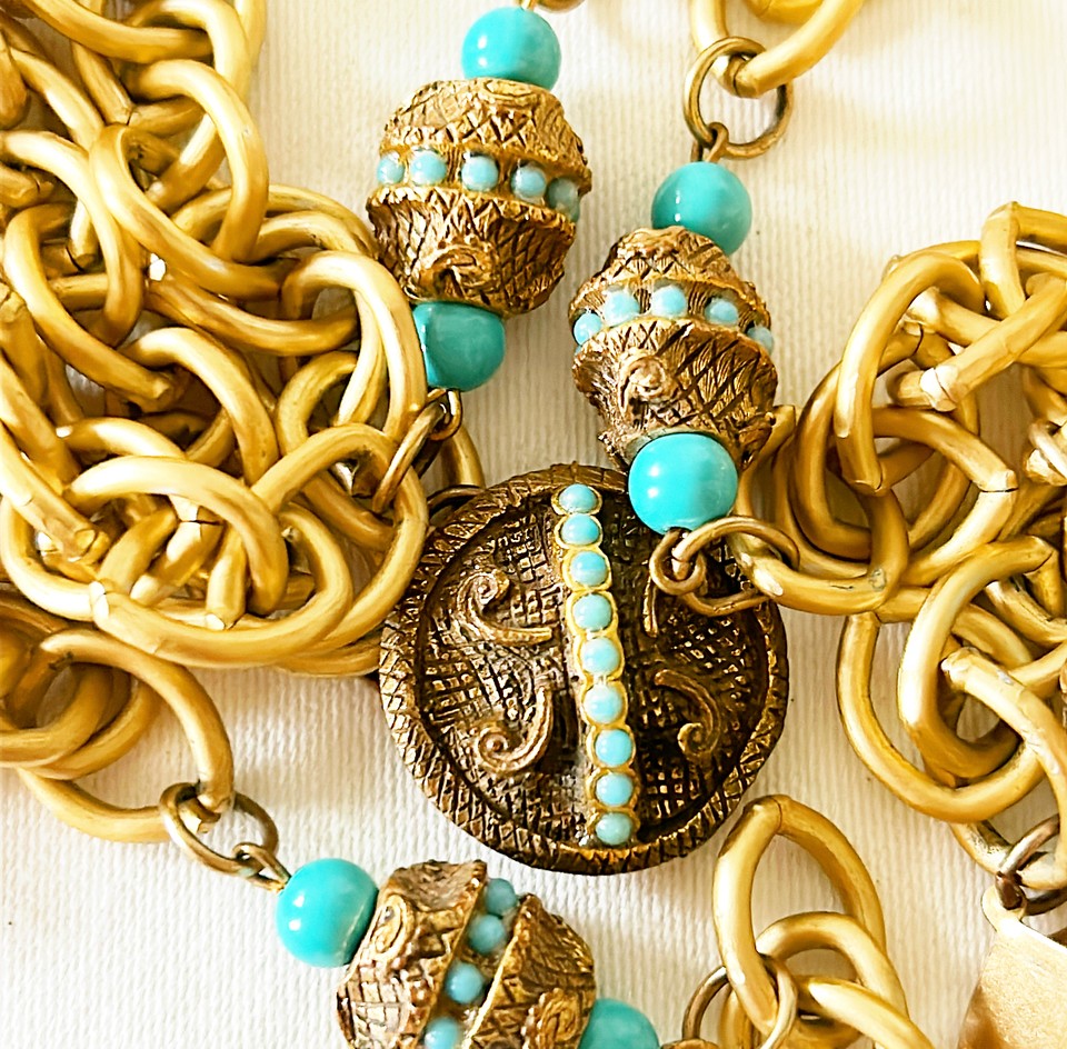 Stunning 1970s designer style double chain necklace with turquoise beaded accents
