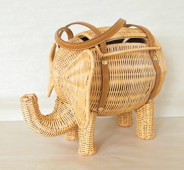 Adorable natural woven wicker elephant purse.