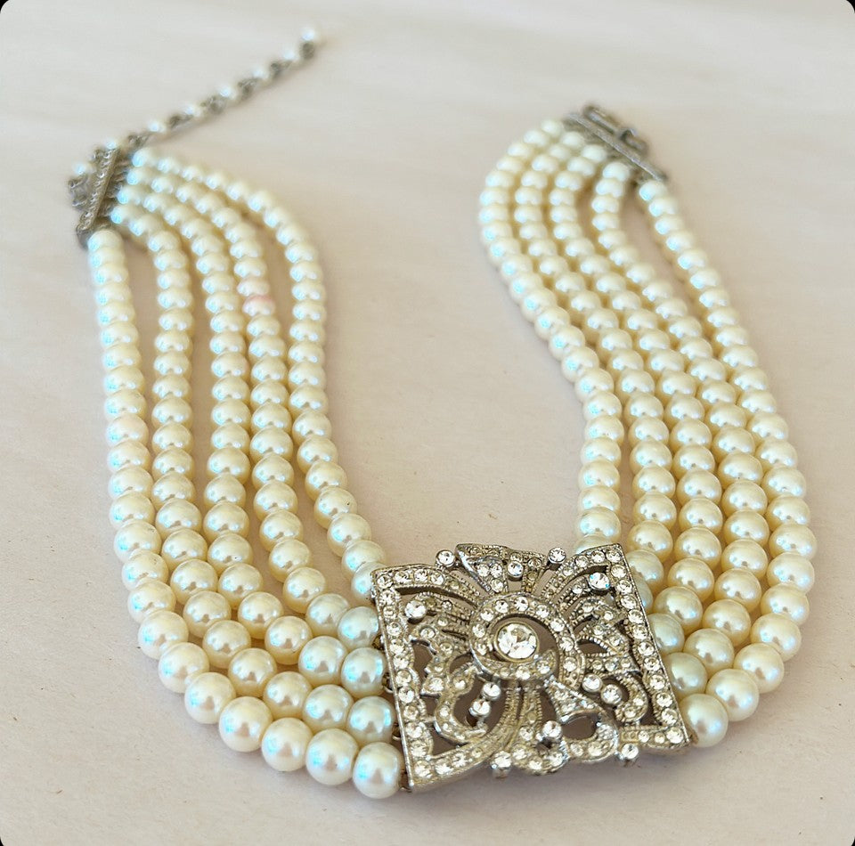 Classic signed KJL Kenneth Jay Lane faux pearl & rhinestone choker necklace.