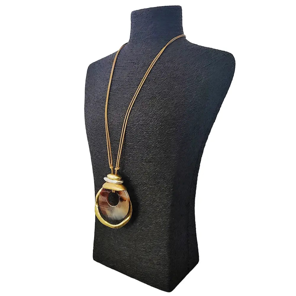 Neutral Tortoise Shell & Gold Geometric Pendant Necklace