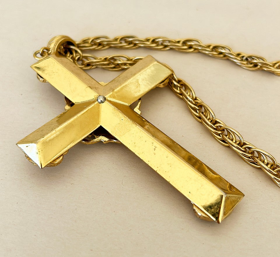 Vintage 1970s statement cross pendant chain necklace