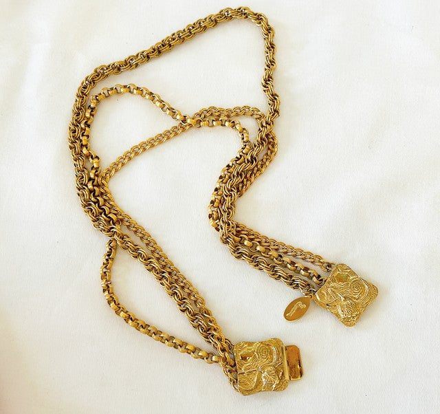Rare signed vintage Lucien Piccard 3 strand gold tone link necklace with square pendant style clasp