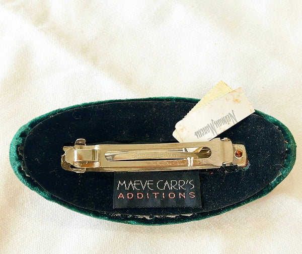 Vintage Maeve Carr’s Additions label green velvet hair barrette with original Neiman Marcus tag attached.