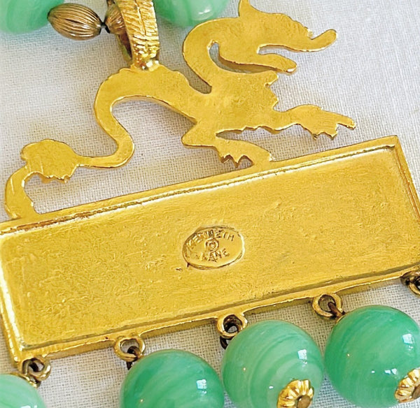 Amazing rare signed vintage Kenneth Lane statement necklace with jade beads & large scale chinoiserie style dragon pendant with dangling jade beads