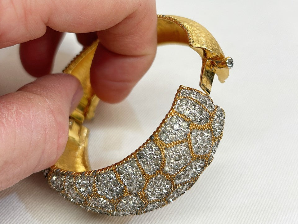 Rare vintage signed Joseph Mazer vintage rhinestone encrusted gold tone metal hinged cuff