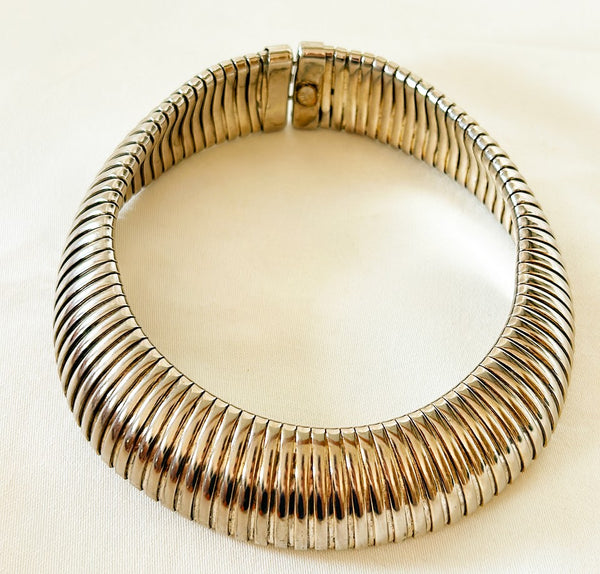 Les Bernard stamped / signed thick chunky thick silver flexible statement collar necklace.