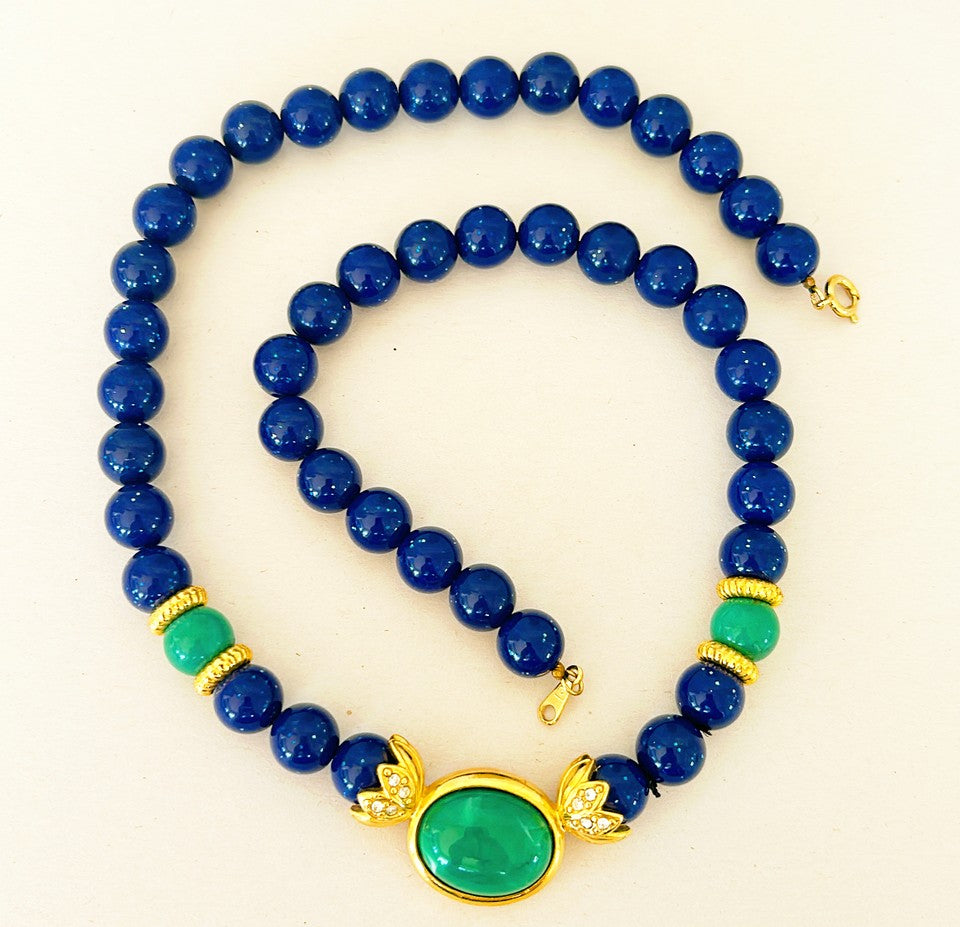 Beautiful vintage 1980s blue faux lapis style beads with green faux malachite style accent beads