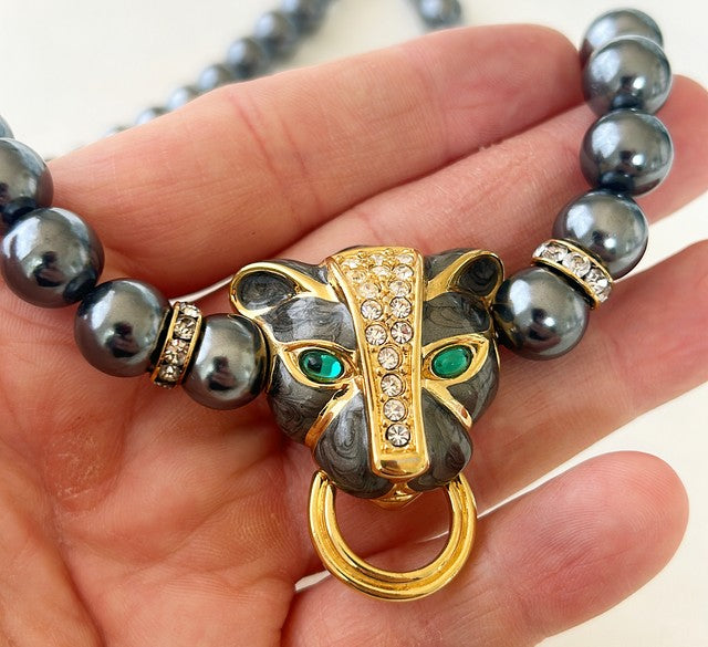 Rare signed K. J. L. Kenneth Lane for Avon charcoal pearl leopard necklace.