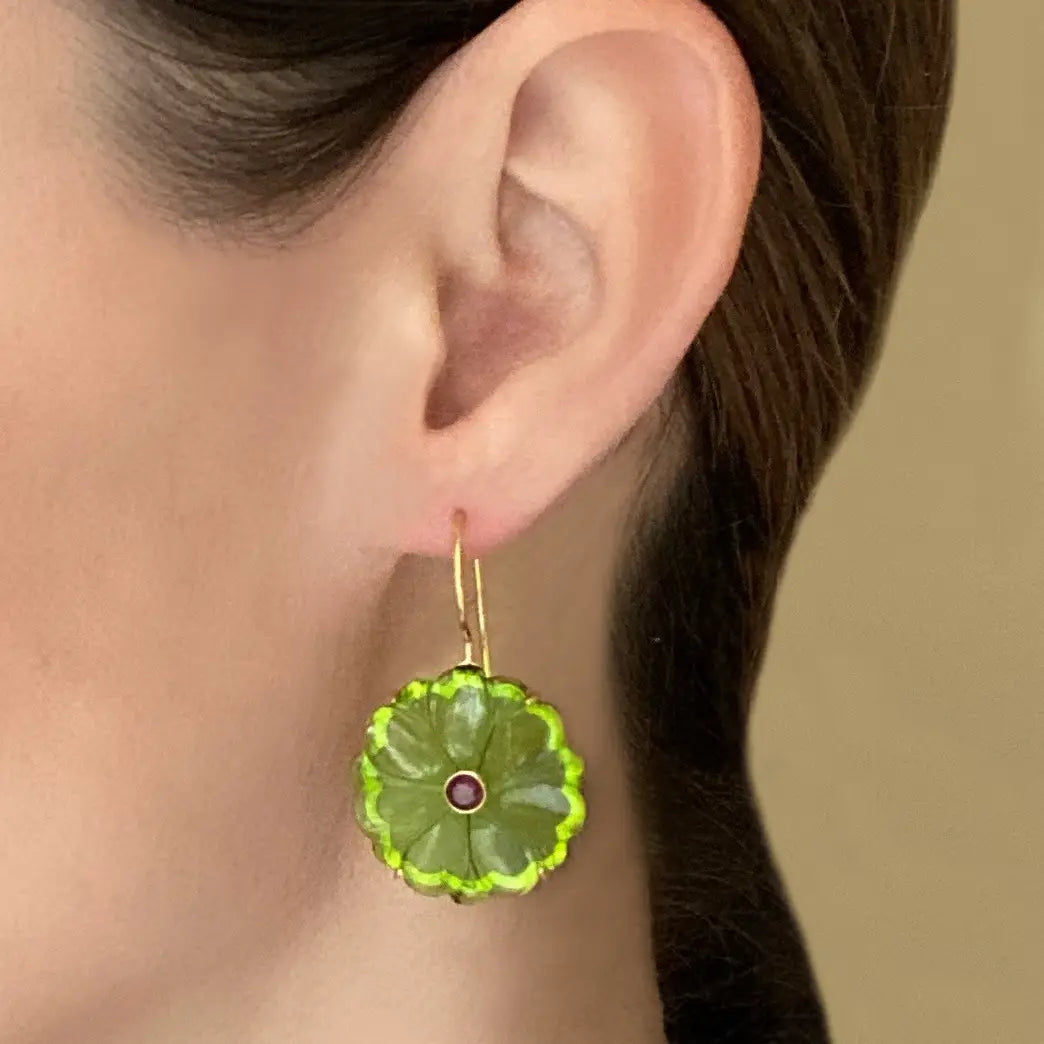 Hand-carved clover green quartz earrings