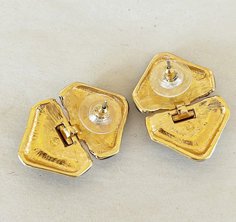 80s signed Swarovski pierced black & gold earrings.
