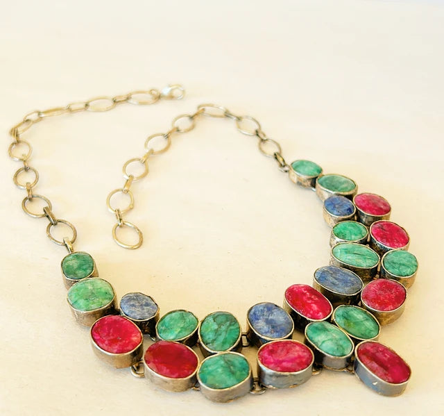 1980s - 925 stamped silver necklace with ruby, emerald & sapphire stones