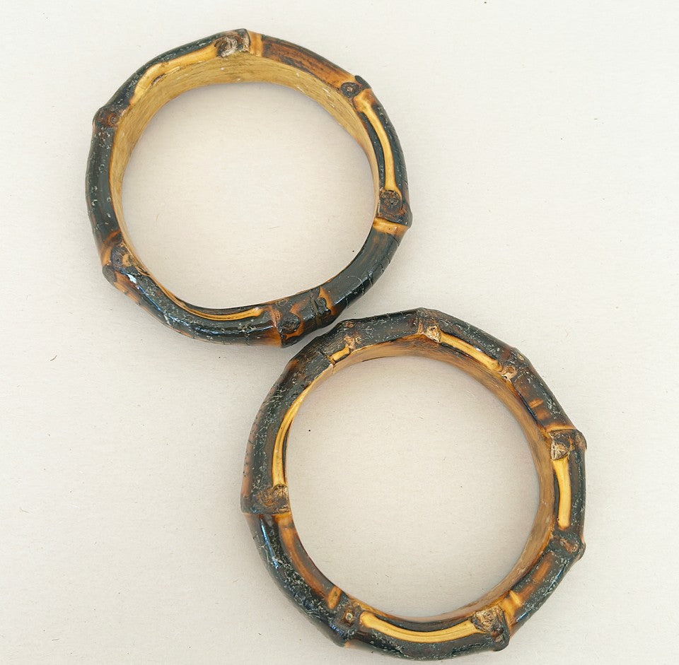 Pair of 1970s real carved burnt bamboo style bangle bracelets.
