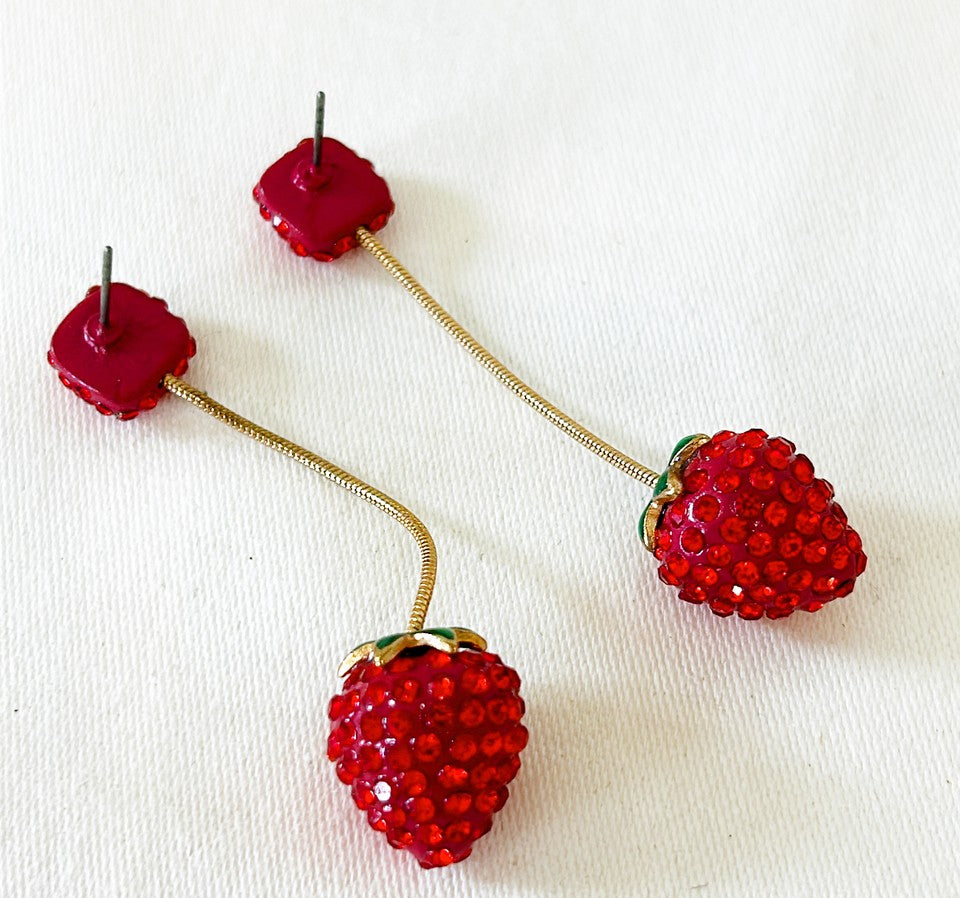 Adorable 1980s red strawberry style pierced dangling earrings.