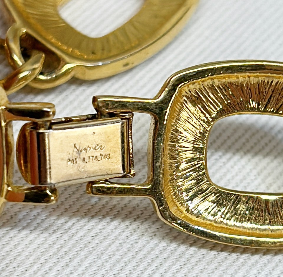 Vintage 1980s signed NAPIER couture link necklace with creamy white enamel square link design set in a gold tone metal