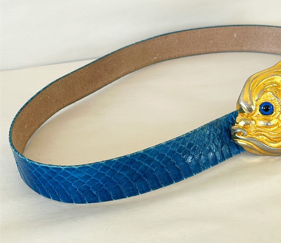 Fantastic signed Christopher Ross 1985 signed & dated sculpture fish belt fashion buckle with original blue snake skin belt